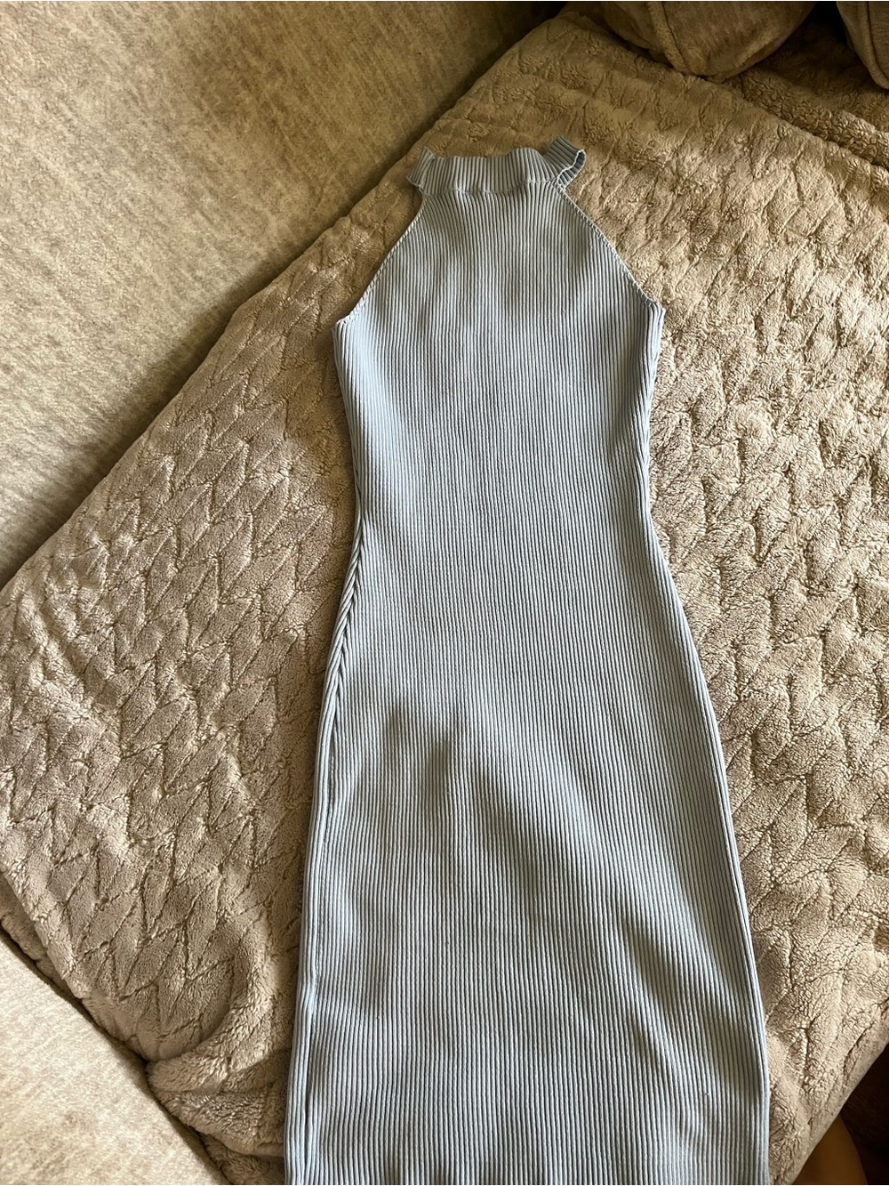 Sincerely Jules Ribbed Sleeveless High-Neck Midi Dress in Light Gray